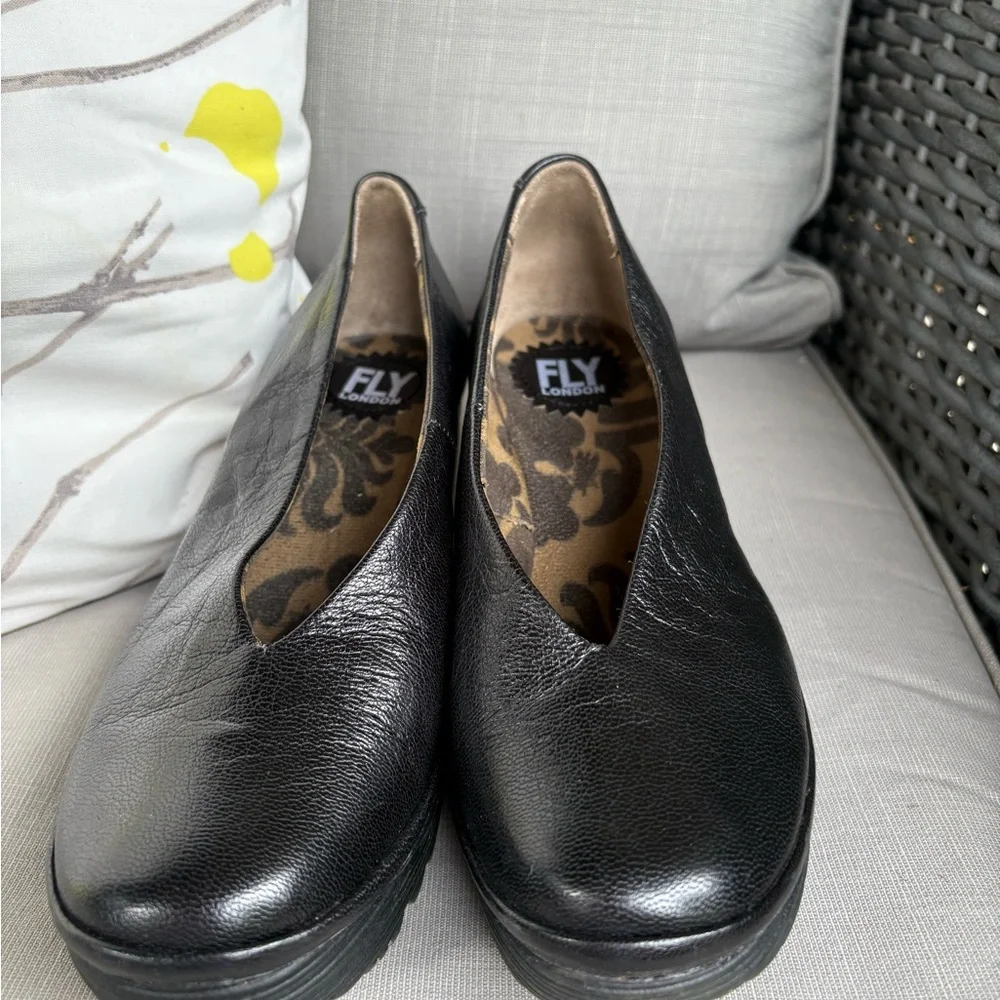 Fly London Black Leather Flats with Durable Sole - Picture 2 of 8